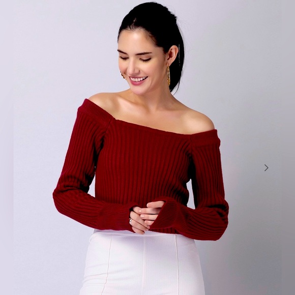 Women Maroon Ribbed Off-Shoulder - Picture 1 of 5